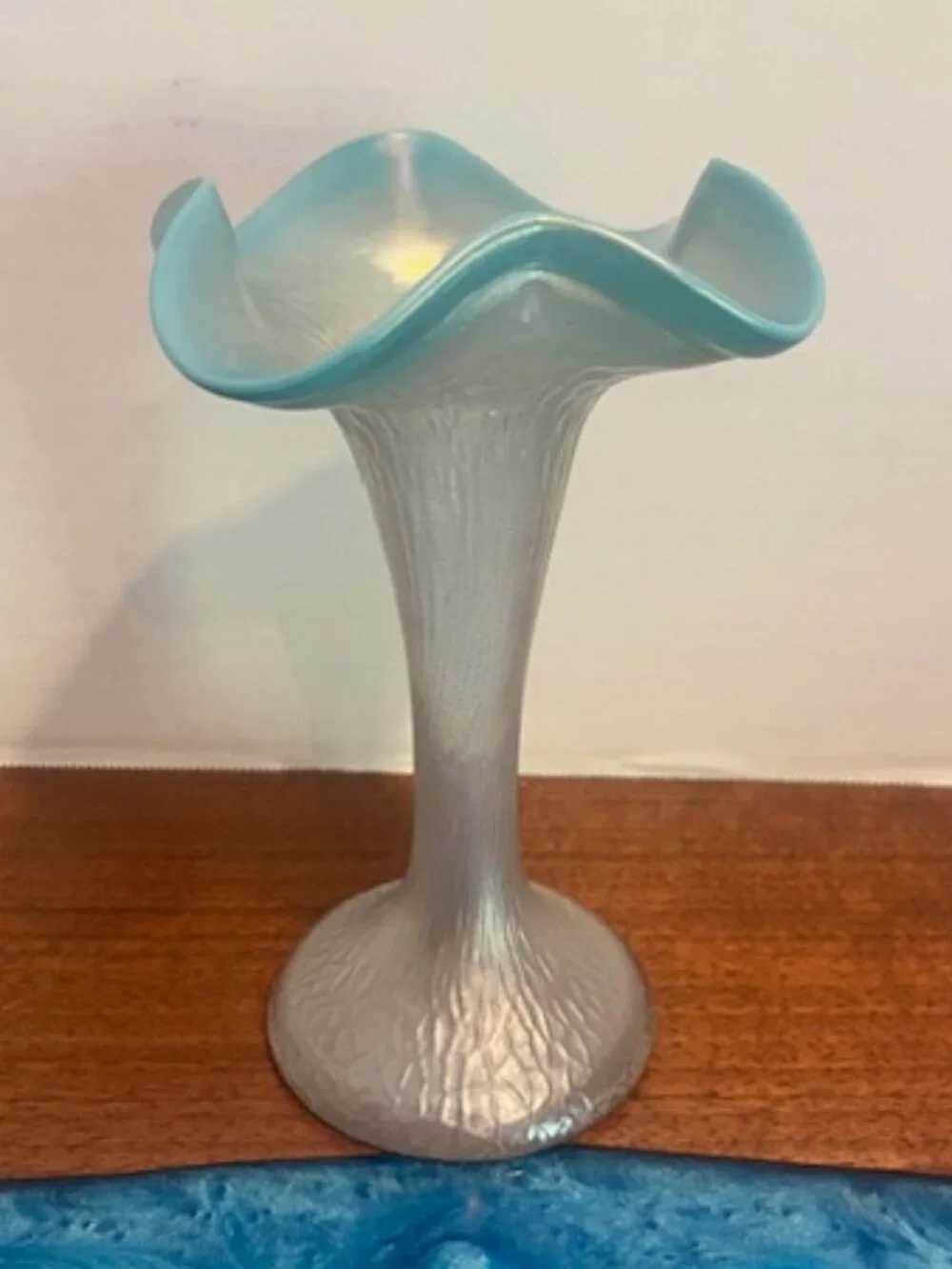 Kralik Martele Blue Ruffle Edge Iridescent Vase Bohemian Art Glass Vintage